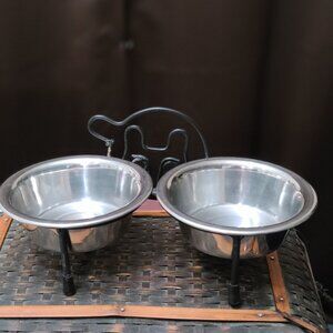 Elevated Stainless Steel Cat Food Water Bowls Wrought Iron Outlined Bowl Holder